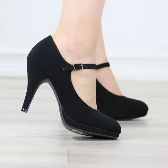 Black Rockabilly High Heels Ankle Strap Round Toe Classic Pumps Nubuck - Picture 2 of 12